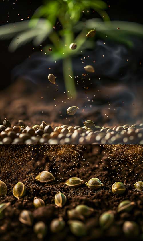 Cannabis Samen mit einer unscharfmaskierten Cannabispflanze im Hintergrund